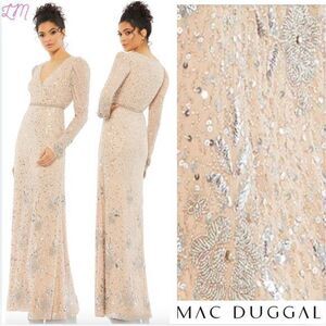 Mac Duggal 10769 Sequined Floral Embellished Long Sleeved Gown 12 Nude Silver‎